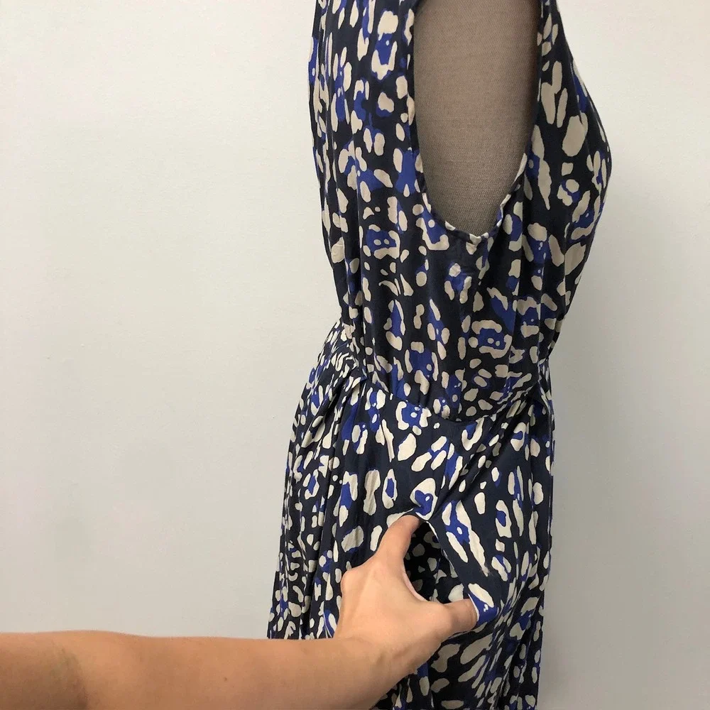Adam Lippes Maxi Dress Womens 8 Blue Silk Blend Abstract Sleeveless Pockets